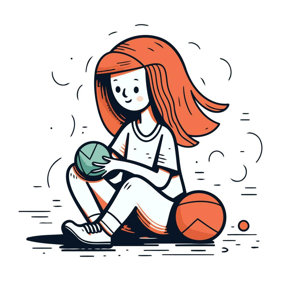 schattig weinig meisje spelen basketbal. vector illustratie in tekenfilm stijl.