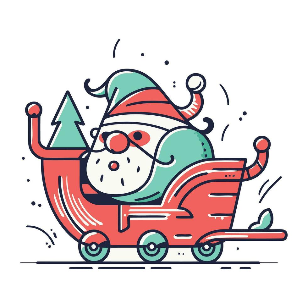 Kerstmis en nieuw jaar vector illustratie. de kerstman claus ritten een wagon met geschenken. lijn kunst stijl.