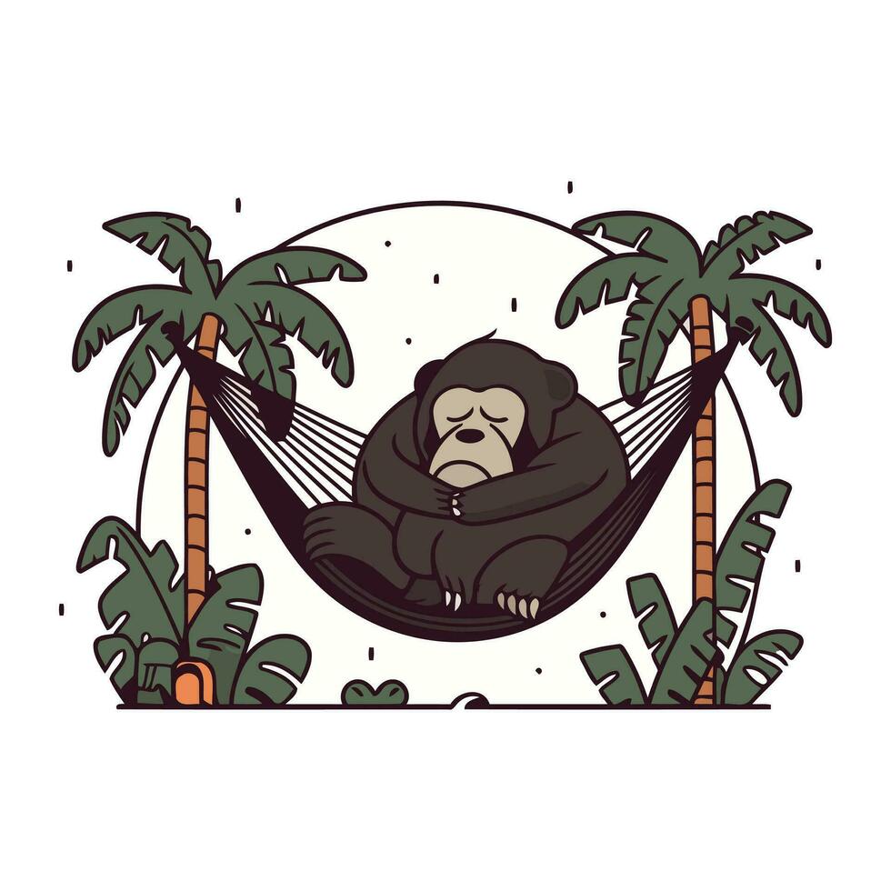 gorilla slapen in een hangmat met palm bomen. vector illustratie.