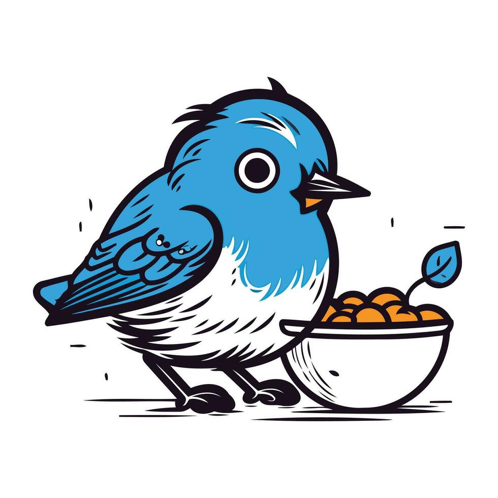 blauw vogel met een kom vol van eikels. vector illustratie.