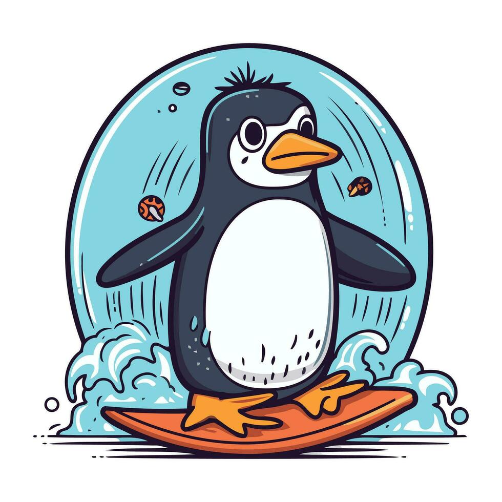 schattig pinguïn met surfplank. vector illustratie in tekenfilm stijl.