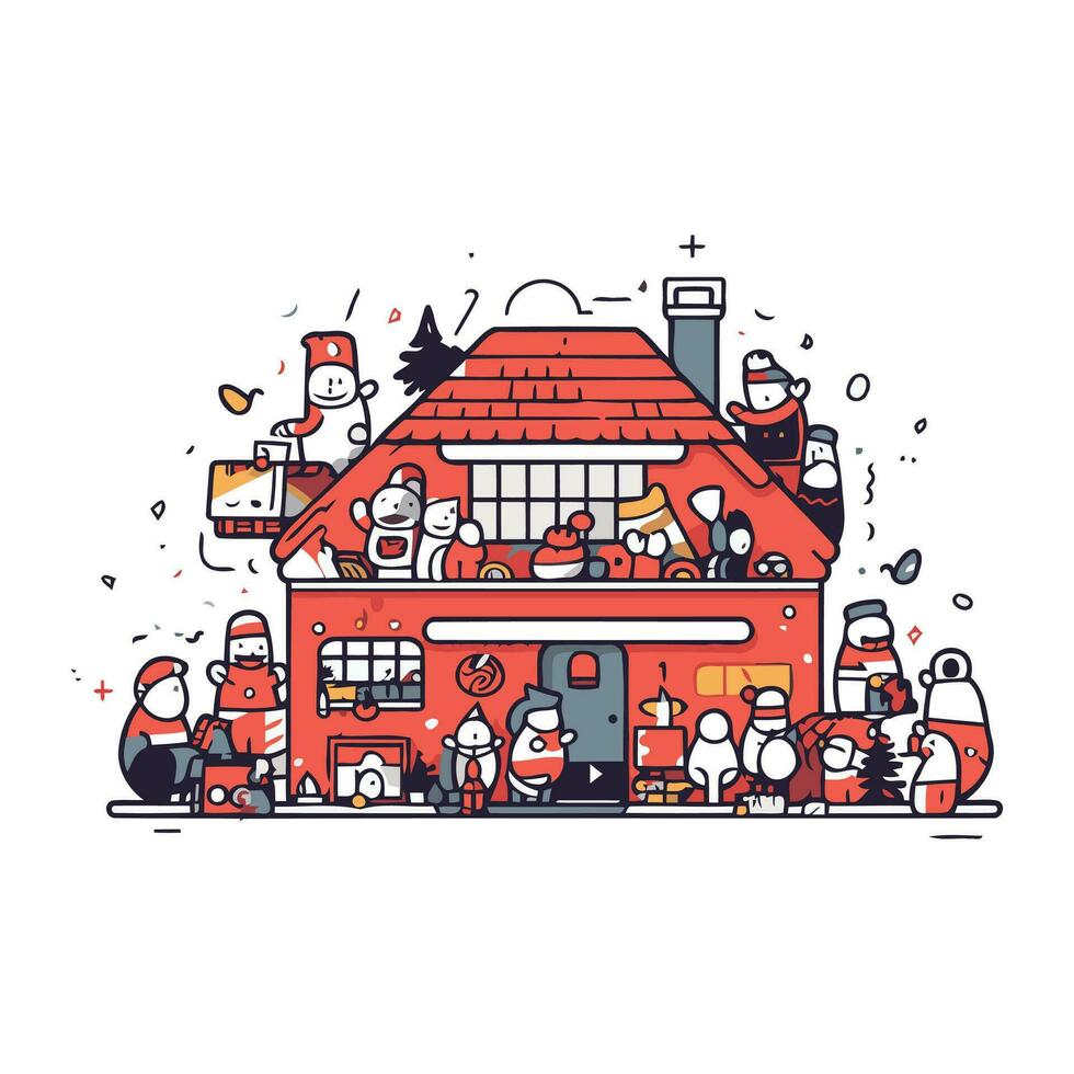 vector illustratie van mensen in de kerstman claus kostuum staand in de buurt huis.