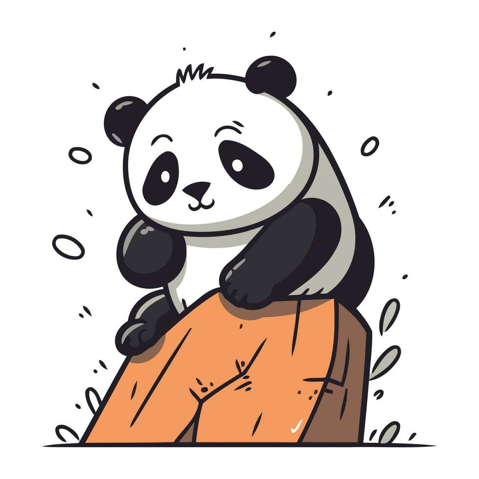 schattig panda zittend Aan een steen. hand- getrokken vector illustratie.