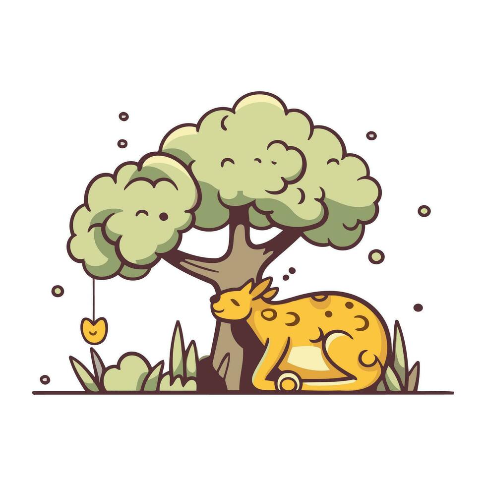 schattig tekenfilm tekening illustratie van een boom met een hert vector
