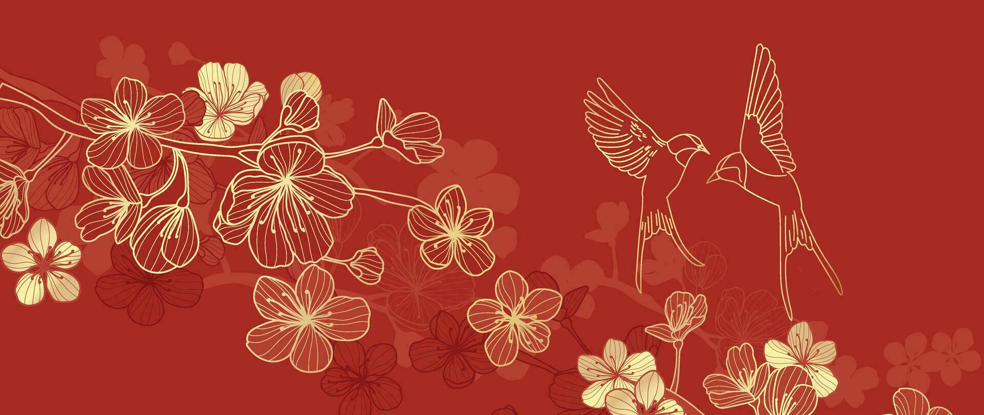 luxe oosters Japans patroon achtergrond vector. elegant slikken vogel en pioen bloem gouden lijn kunst Aan rood achtergrond. ontwerp illustratie voor decoratie, behang, poster, banier, kaart. vector