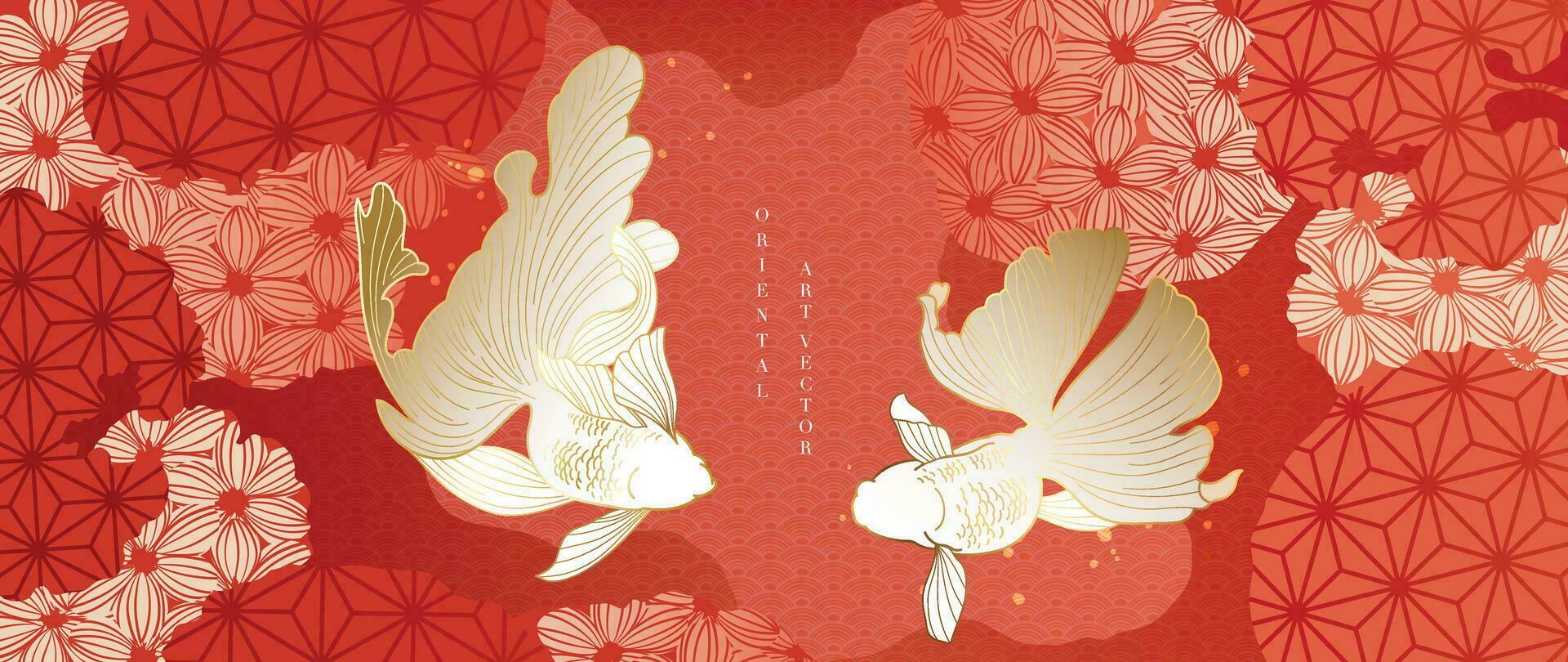 luxe oosters Japans patroon achtergrond vector. elegant goudvis en bloem gouden lijn kunst Aan rood achtergrond. ontwerp illustratie voor decoratie, behang, poster, banier, kaart. vector