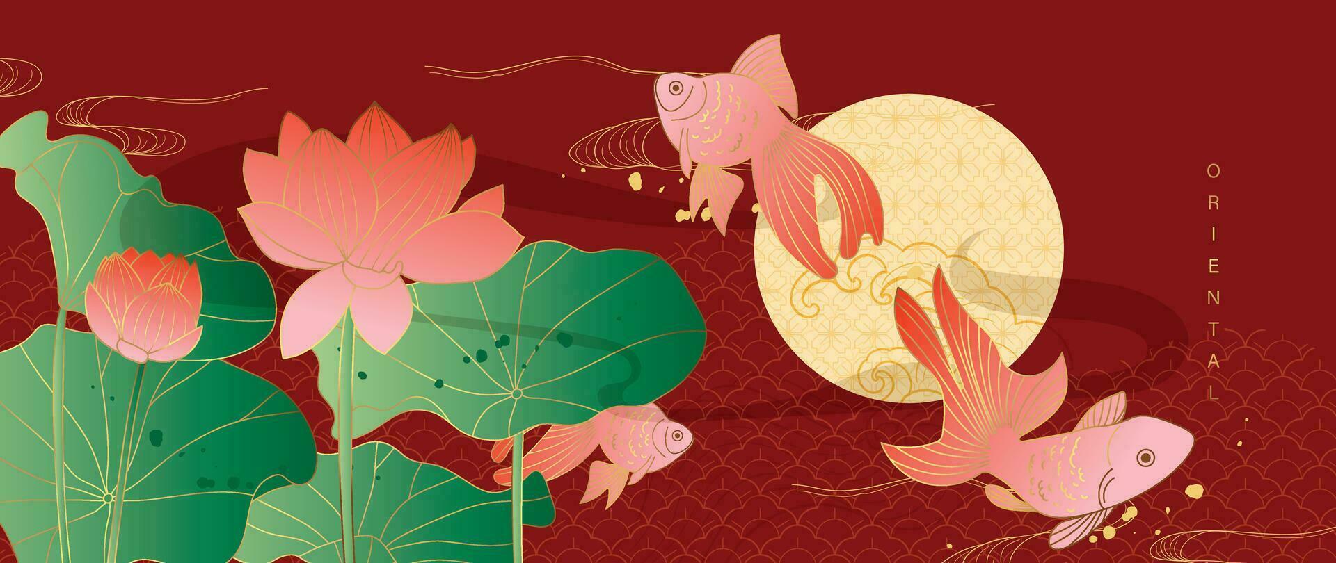 luxe goud oosters stijl achtergrond vector. Chinese en Japans behang patroon ontwerp van elegant goudvis en lotus bloem met goud lijn textuur. ontwerp illustratie voor decoratie, muur decor. vector