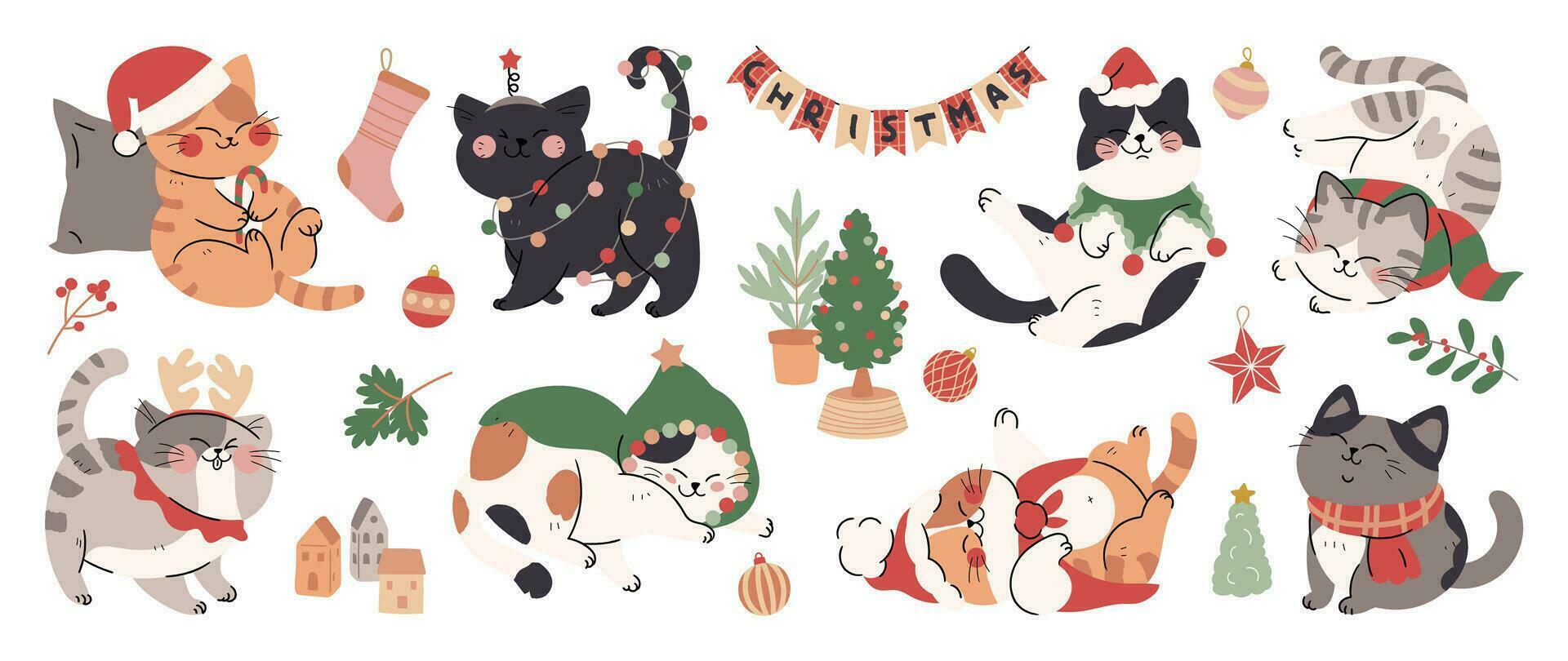 vrolijk Kerstmis en gelukkig nieuw jaar concept achtergrond vector. verzameling tekening van schattig katten met decoratief sjaal, lint, hoed. ontwerp geschikt voor banier, uitnodiging, kaart, groet, banier, omslag. vector