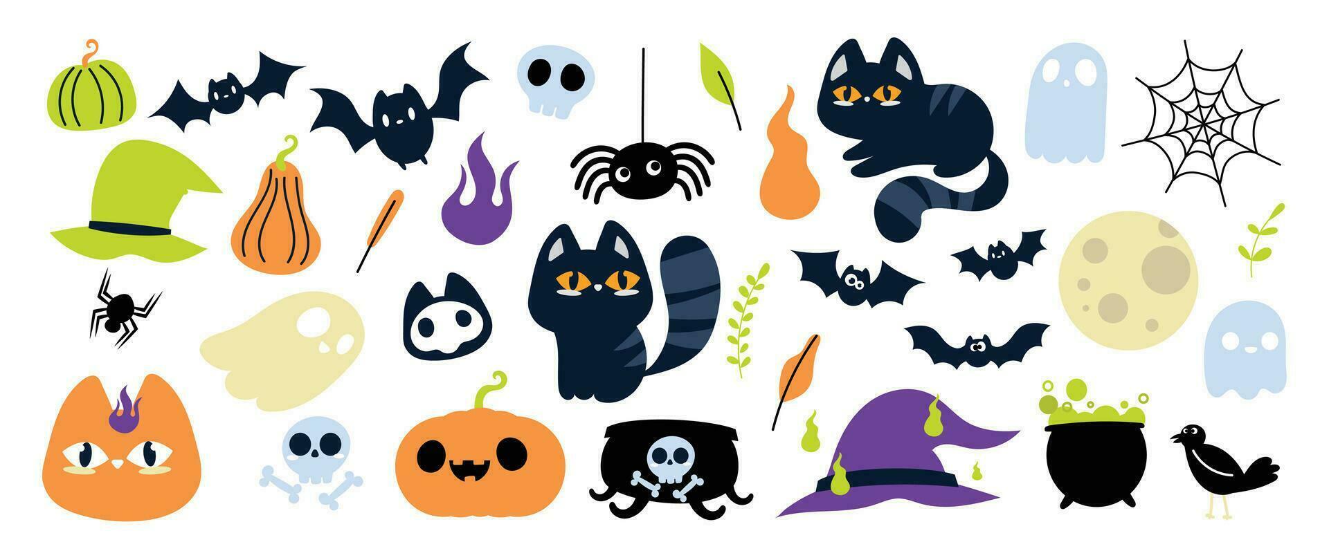 gelukkig halloween dag element achtergrond vector. schattig verzameling van spookachtig geest, pompoen, knuppel, snoep, maan, schedel, spin, kat, ketel. aanbiddelijk halloween festival elementen voor decoratie, afdrukken. vector