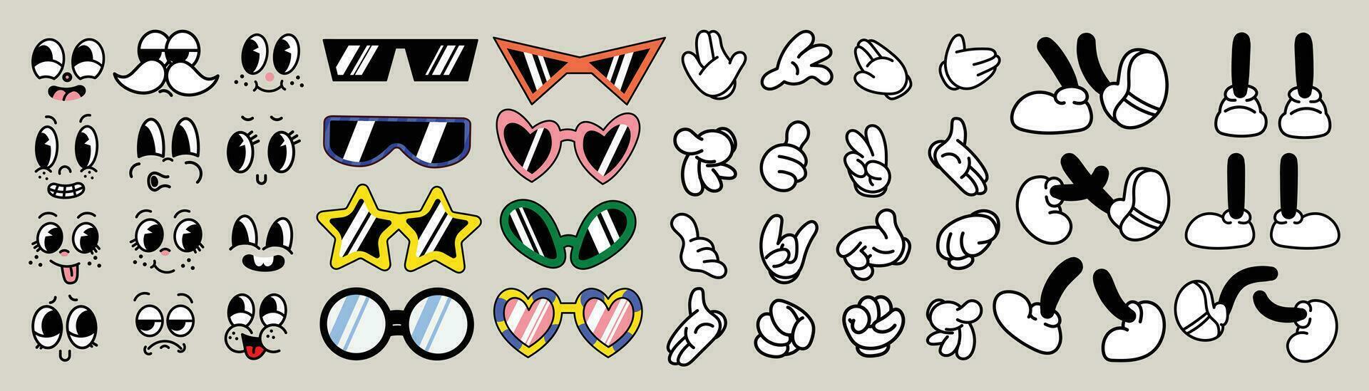 reeks van jaren 70 groovy grappig vector. verzameling van tekenfilm karakter gezichten in verschillend emoties, hand, handschoen, bril, schoenen. schattig retro groovy hippie illustratie voor decoratief, sticker. vector