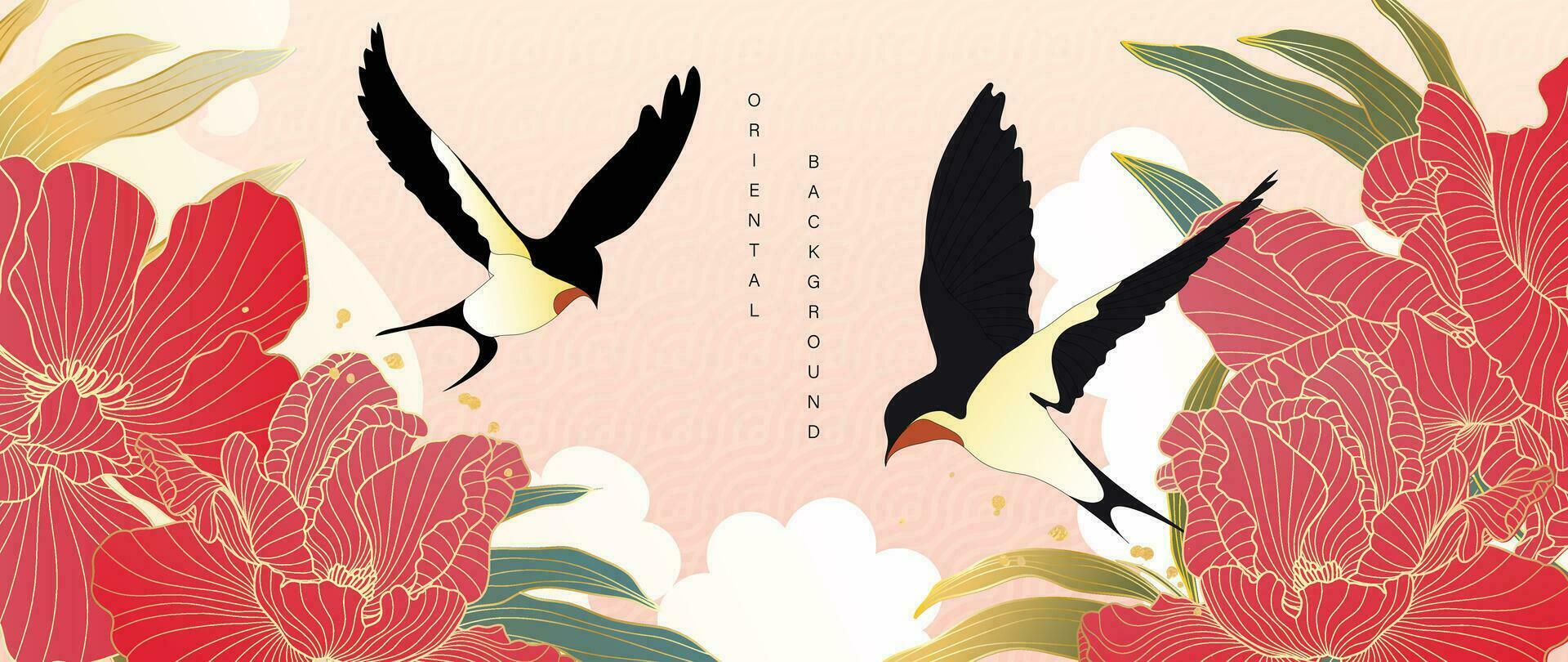 luxe goud oosters stijl achtergrond vector. Chinese en Japans behang patroon ontwerp van elegant slikken vogelstand en bloem met goud lijn textuur. ontwerp illustratie voor decoratie, muur decor. vector