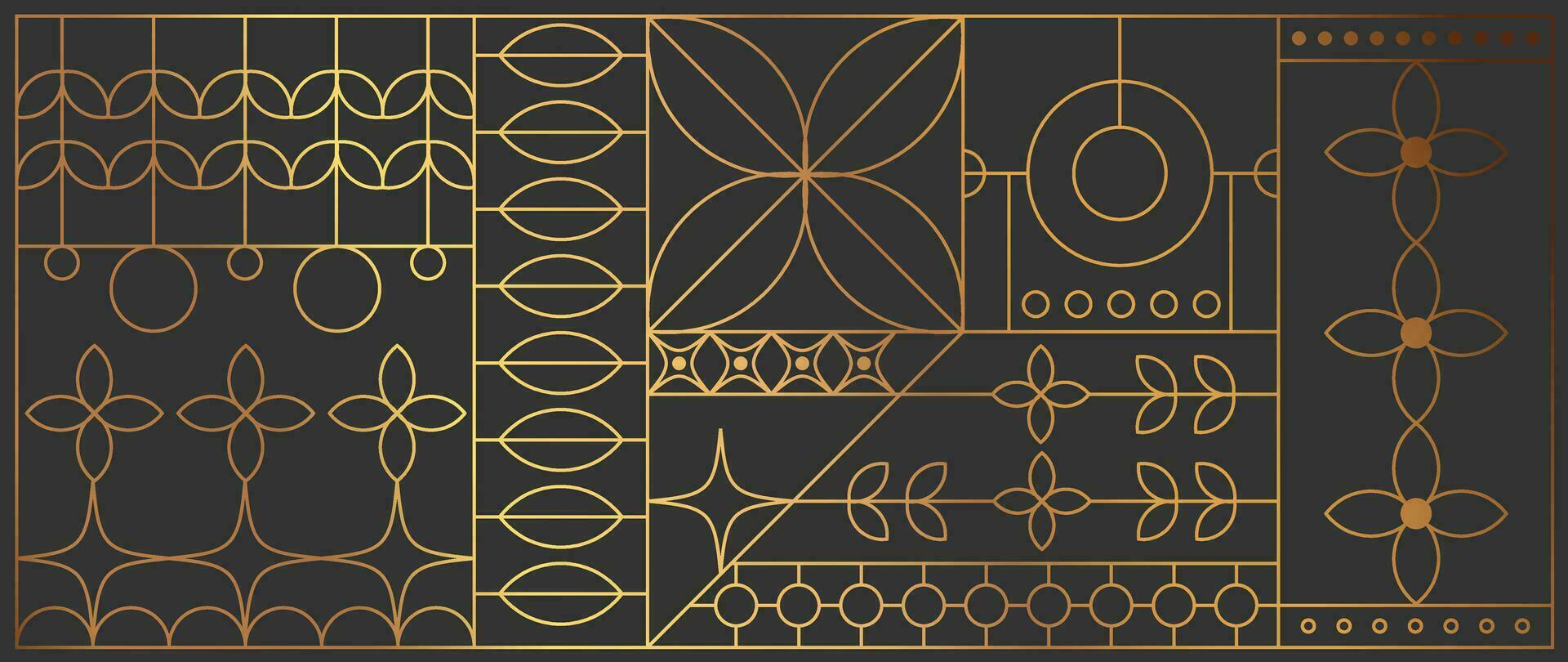 luxe meetkundig goud lijn kunst en kunst deco achtergrond vector. abstract meetkundig kader en elegant kunst nouveau met delicaat. illustratie ontwerp voor uitnodiging, banier, vip, interieur, decoratie. vector