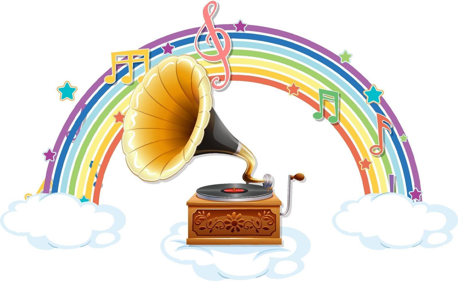 grammofoon met melodiesymbolen op regenboog vector