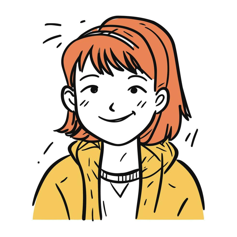 vector illustratie van een glimlachen rood haren vrouw in een geel jasje.