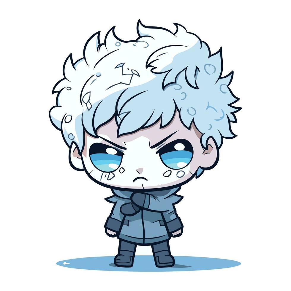 schattig anime jongen met blauw ogen en blauw haar. vector illustratie.