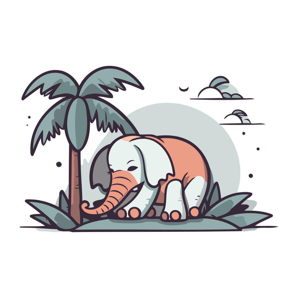 schattig olifant zittend Aan palm boom. vector illustratie in tekenfilm stijl.