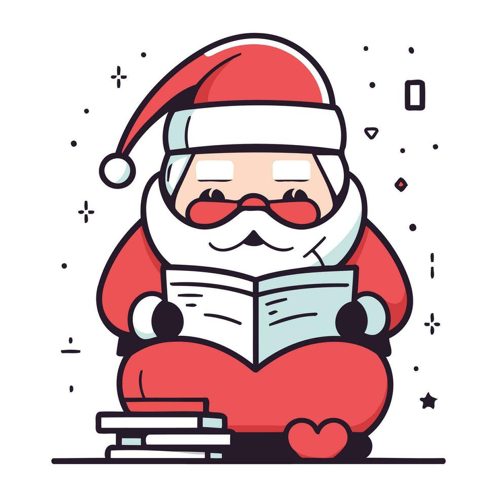 de kerstman claus lezing een boek. vector illustratie in vlak lijn stijl.