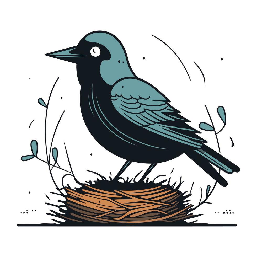 kraai in de nest. vector illustratie geïsoleerd Aan wit achtergrond.