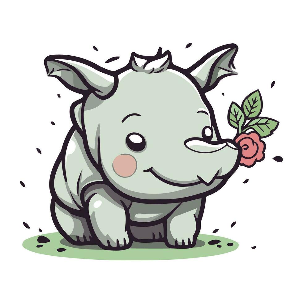 schattig neushoorn met een roos. vector illustratie.