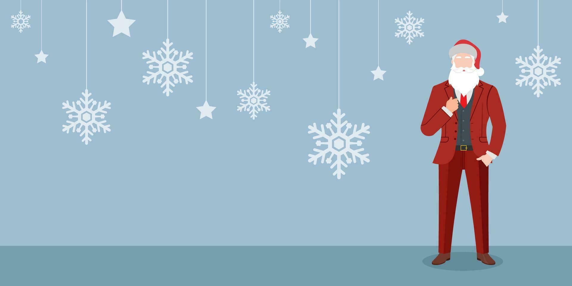 slim de kerstman claus karakter in rood pak, Kerstmis blauw achtergrond, voor Kerstmis kaarten, spandoeken, tags en etiketten. vrolijk Kerstmis en gelukkig nieuw jaar , vector illustratie.