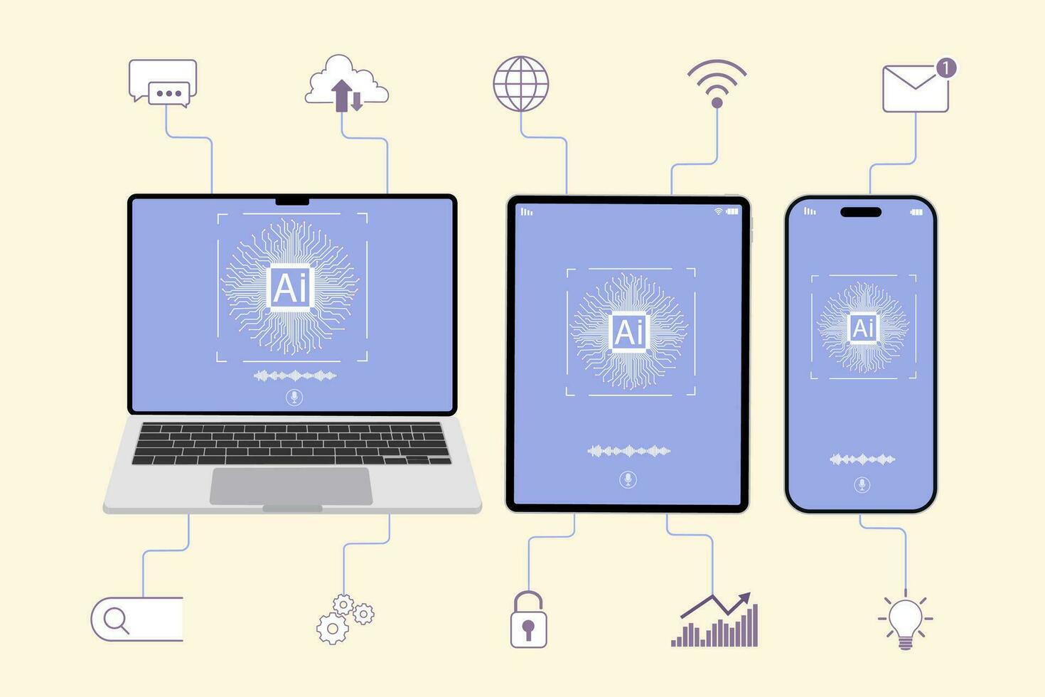 kunstmatig intelligentie- technologisch in apparaat, laptop computer, tablet, smartphone, generatief ai chatten, ai handel, machine aan het leren, bedrijf illustratie vector. vector