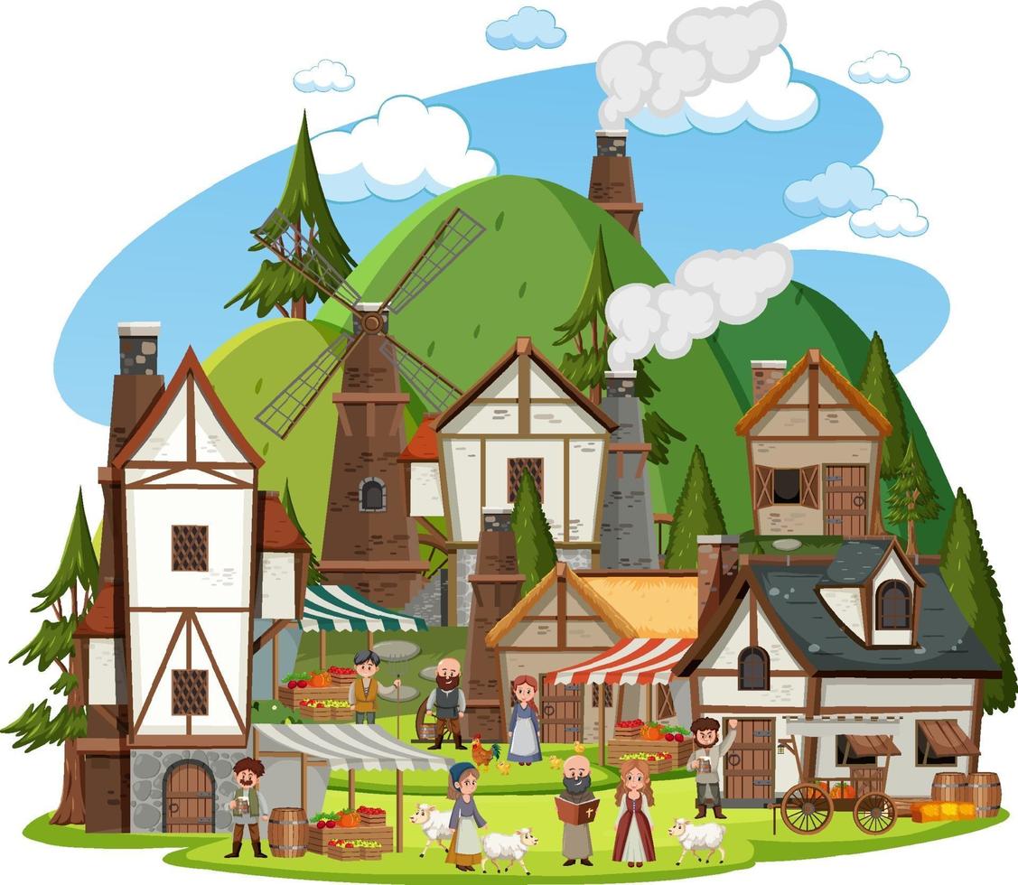 middeleeuws dorp met dorpelingen op witte achtergrond vector