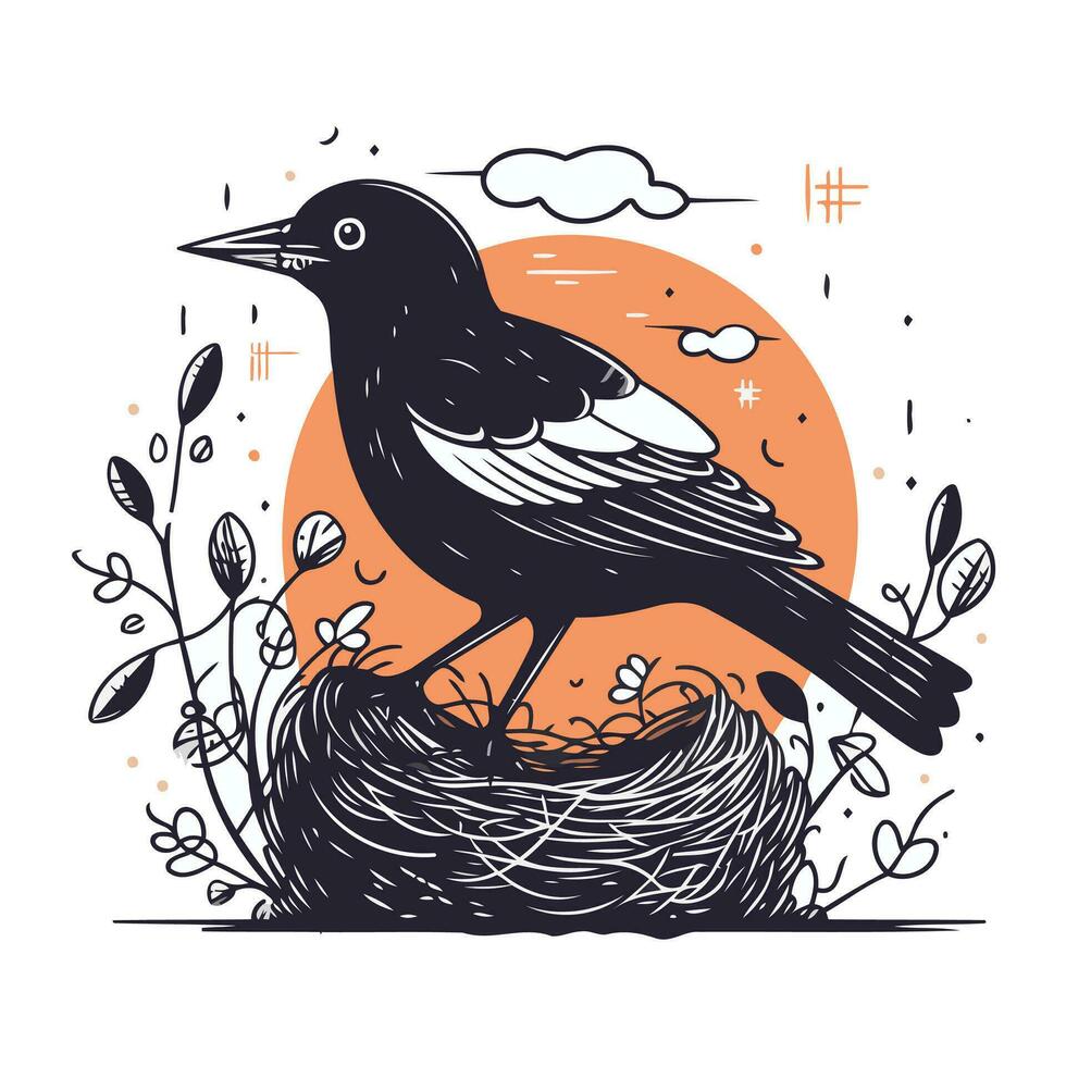 kraai in de nest. vector illustratie in tekening stijl.