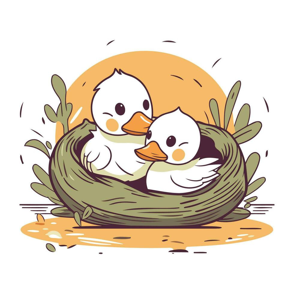 illustratie van een schattig eendje in een nest. vector illustratie.