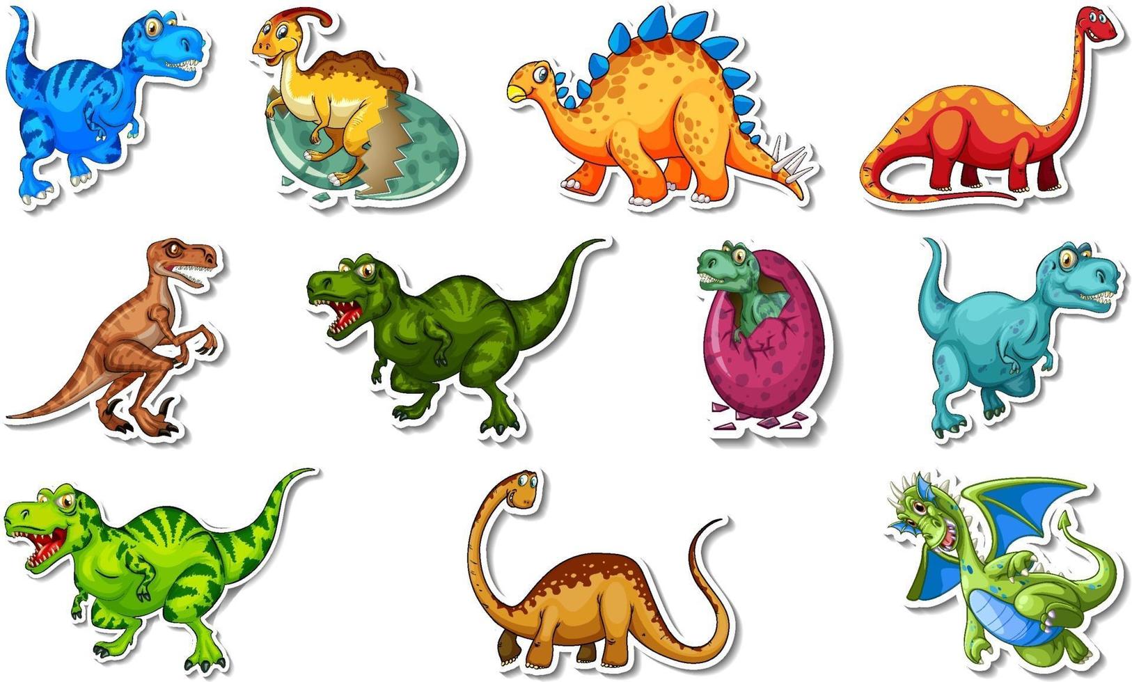 stickerset met verschillende soorten stripfiguren van dinosaurussen vector