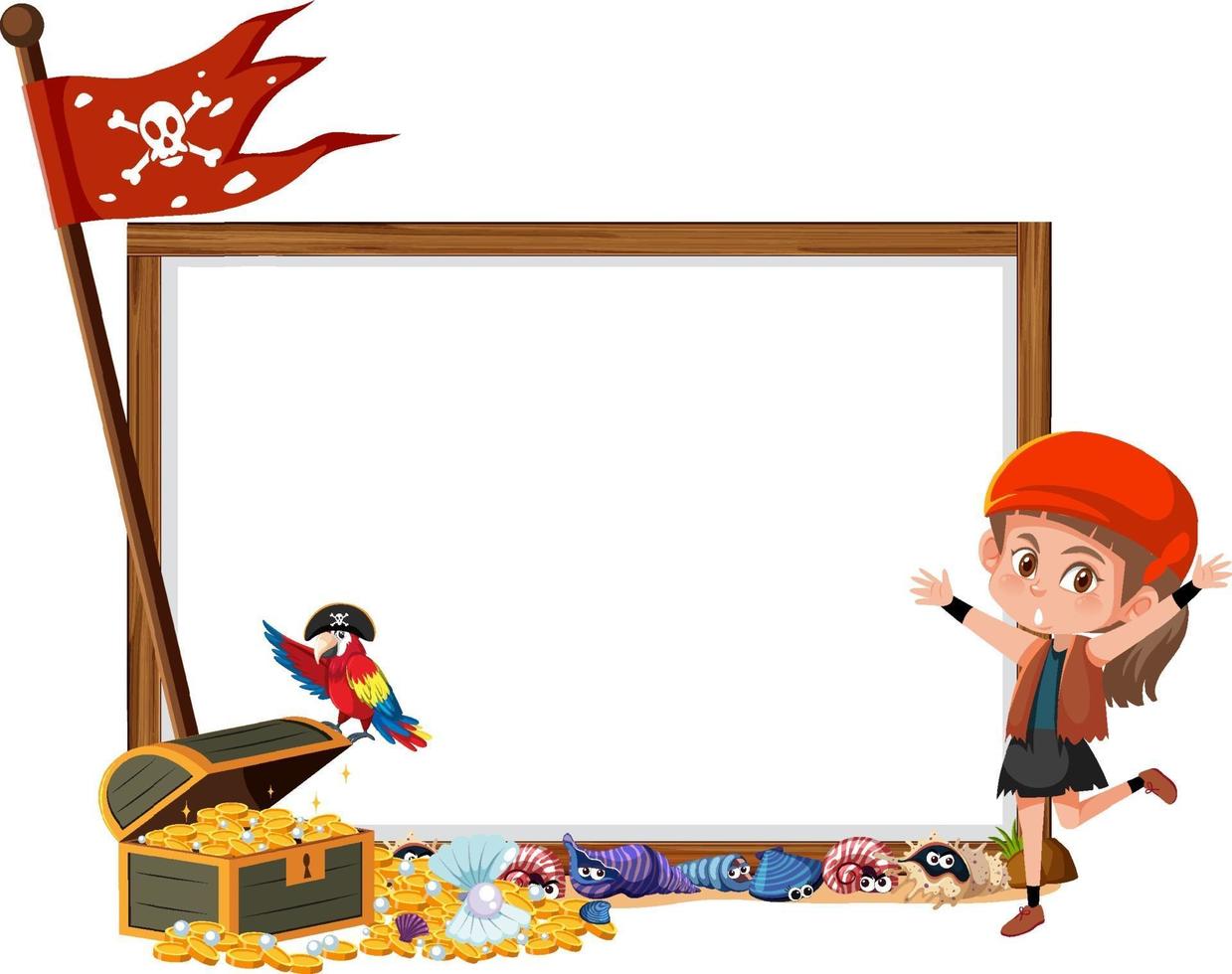 een stripfiguur van een piratenmeisje met een lege bannersjabloon vector