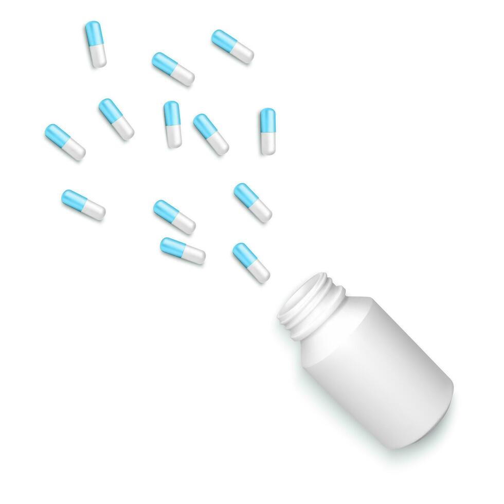 realistisch fles met verspreide tabletten. wit en blauw drug capsules geïsoleerd Aan wit achtergrond. gezondheidszorg en geneeskunde voorwerp voor banier of poster. vector