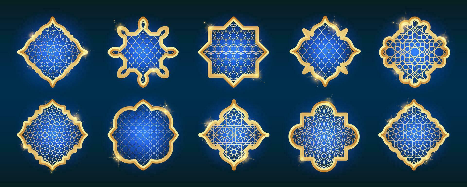 Islamitisch gouden kader vormen set. Ramadan venster met ornament. vector oosters decoratie ontwerp. Arabisch traditioneel schets elementen en tekens.