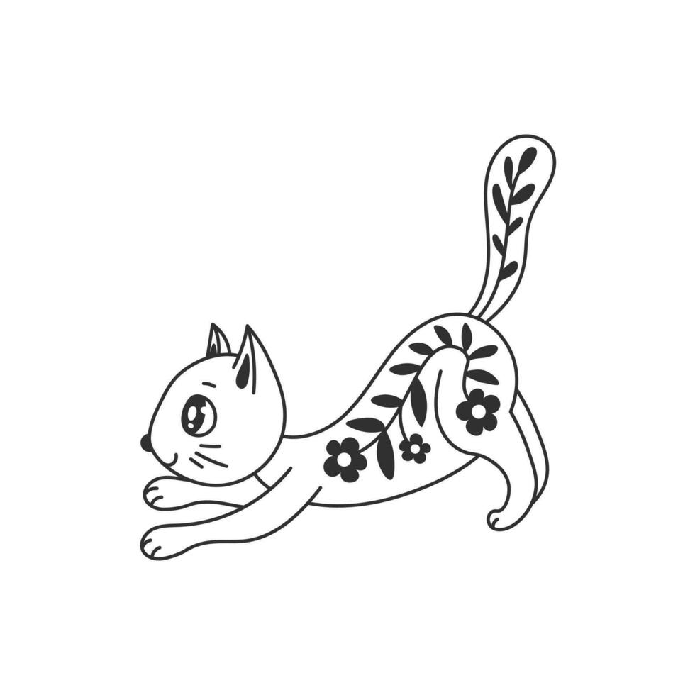 schattig tekening kat met bloemen vector