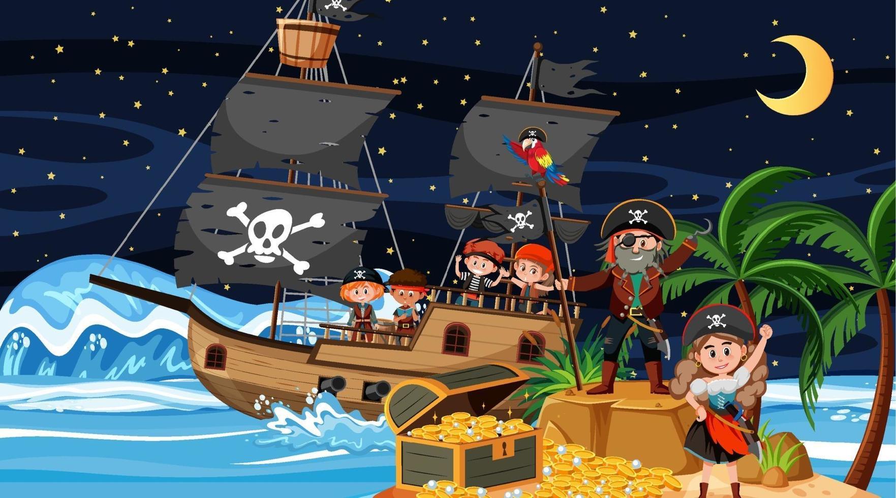 Treasure Island-scène 's nachts met piratenkinderen op het schip vector