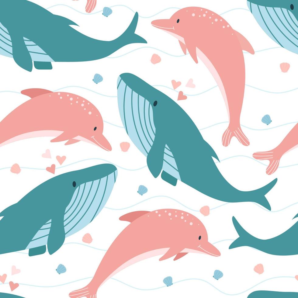 walvis en dolfijn naadloos patroon. schattig zee- en onderwaterleven. vector