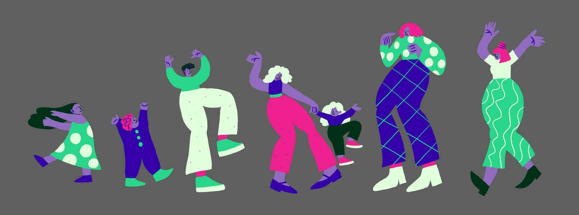 vector illustratie met dansen mensen Aan grijs achtergrond. dansen mensen krabbels. gelukkig familie, partij mensen in neon kleuren