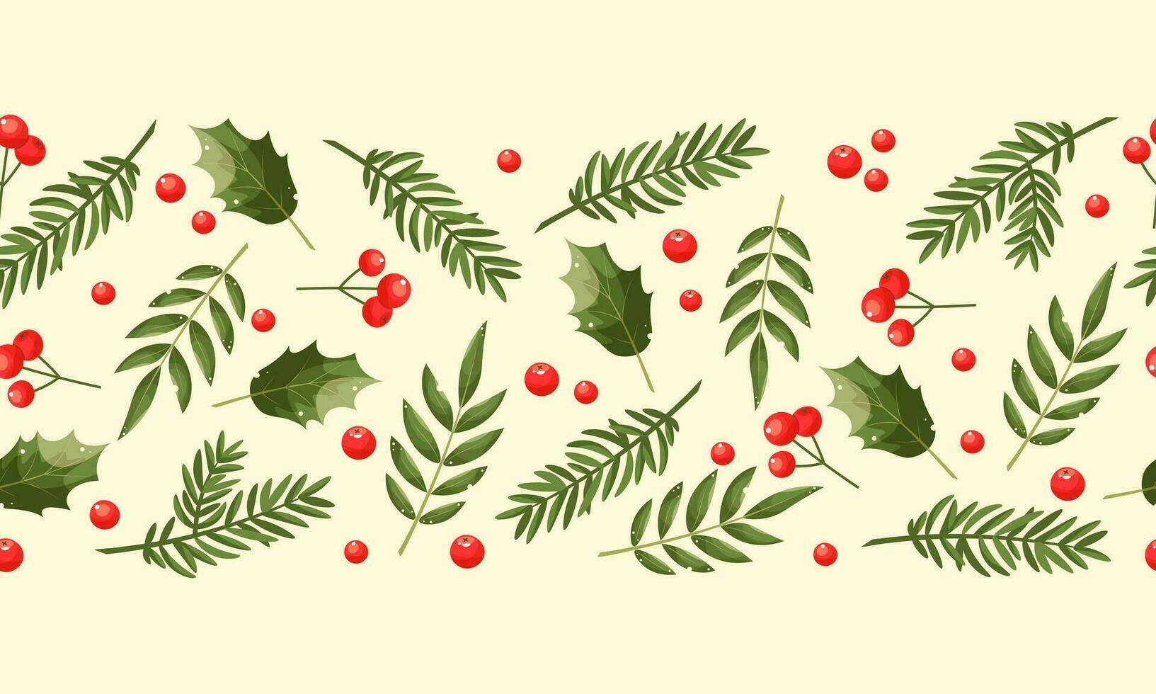 Kerstmis natuur ontwerp naadloos grens, kader. groen pijnboom, Spar takjes, rood bessen Aan licht achtergrond. vector illustratie. groet banier sjabloon, koppen, affiches. nieuw jaar symbolen.