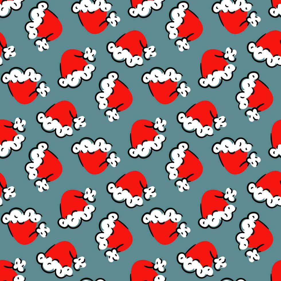 de kerstman claus Kerstmis hoeden. Kerstmis naadloos ornament met rood petten Aan een blauw achtergrond. herhalen elementen in verschillend draait. het drukken Aan textiel en papier. vakantie verpakking van een krom hoed vector