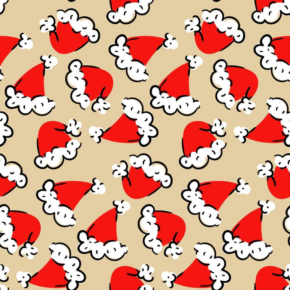de kerstman claus Kerstmis hoeden. Kerstmis naadloos ornament met verschillend rood petten Aan een licht. herhalen elementen in verschillend draait. het drukken Aan textiel en papier. vakantie verpakking van een krom hoed vector