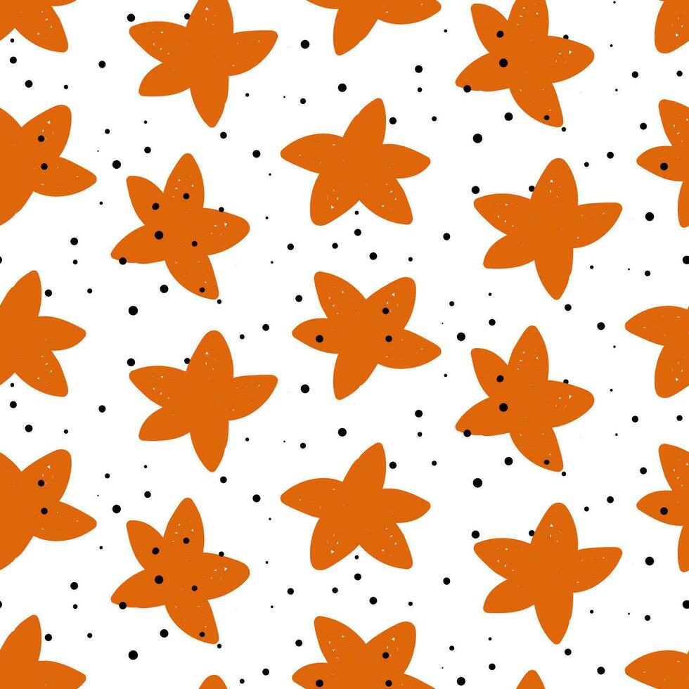 vector kleur naadloos patroon met hand getekend beroertes van oranje sterren Aan een wit achtergrond. zwart lawaai. uitkomen. handgemaakt werk. de structuur is gekleurde met markeringen. kinderen motief, textiel