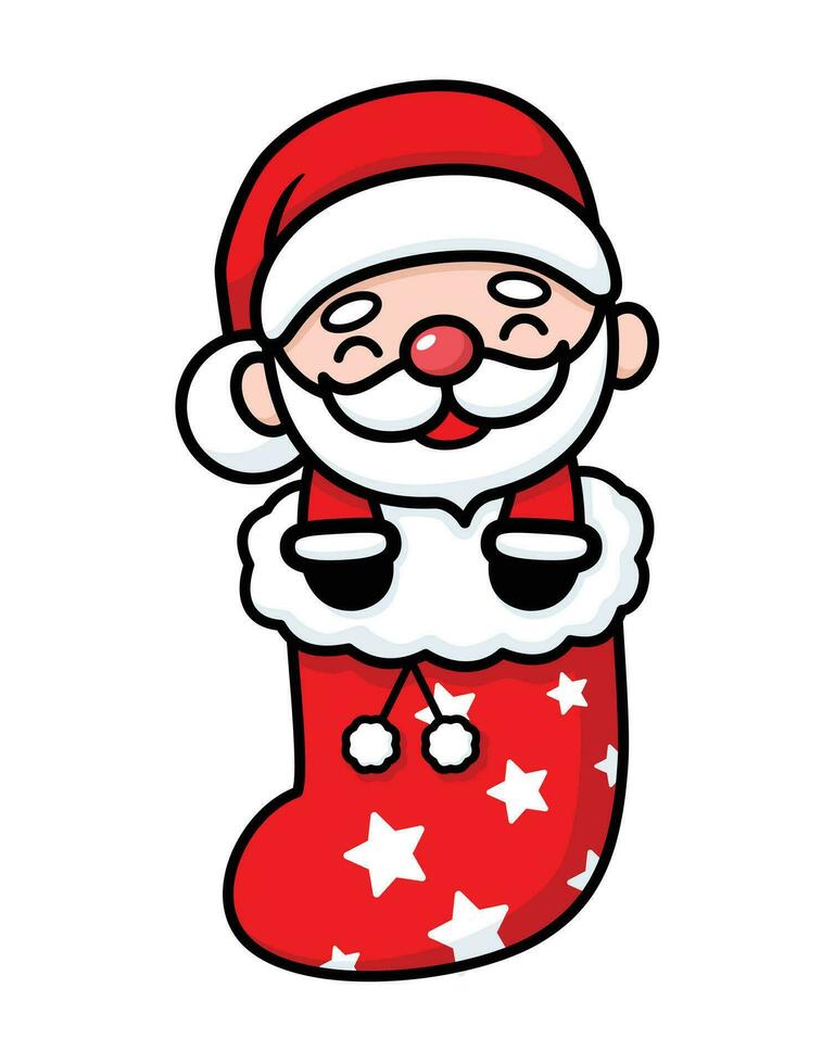 schattig en kawaii Kerstmis de kerstman claus tekenfilm karakter in een sok vector