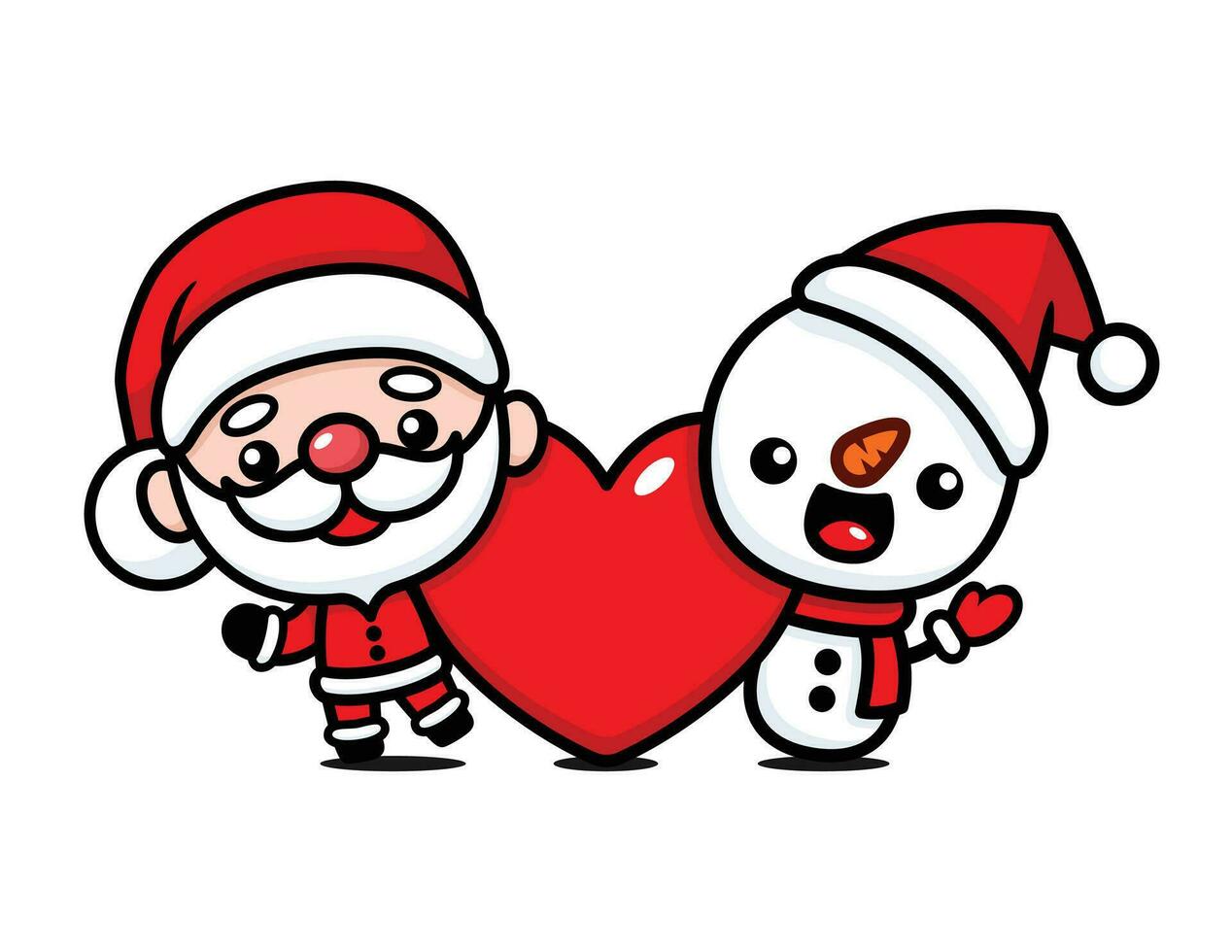 schattig en kawaii Kerstmis de kerstman claus en sneeuwman tekenfilm karakter met groot hart vector