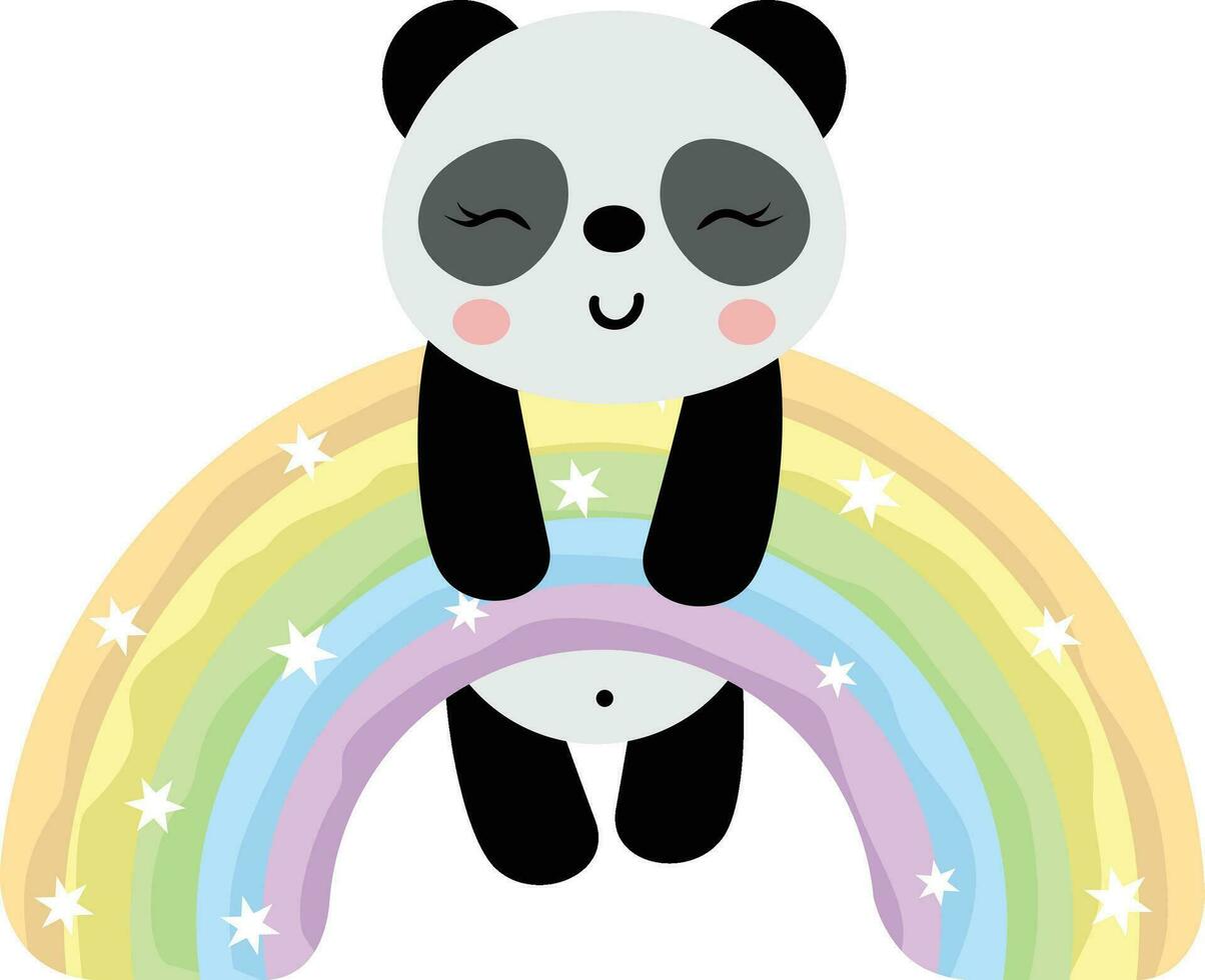 schattig panda hangende Aan magie regenboog vector