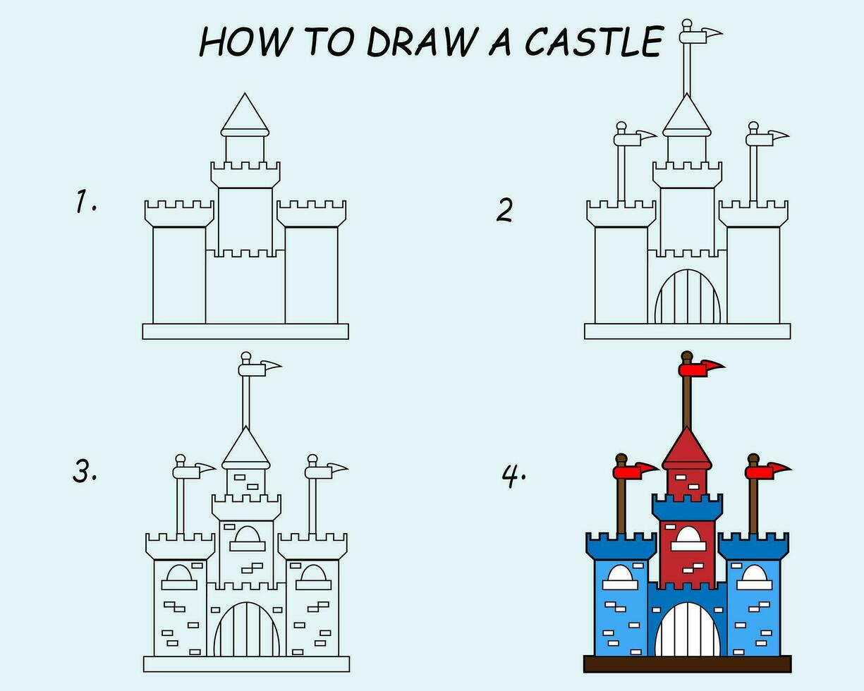 stap door stap naar trek een kasteel. tekening zelfstudie een kasteel. tekening les voor kinderen. vector illustratie