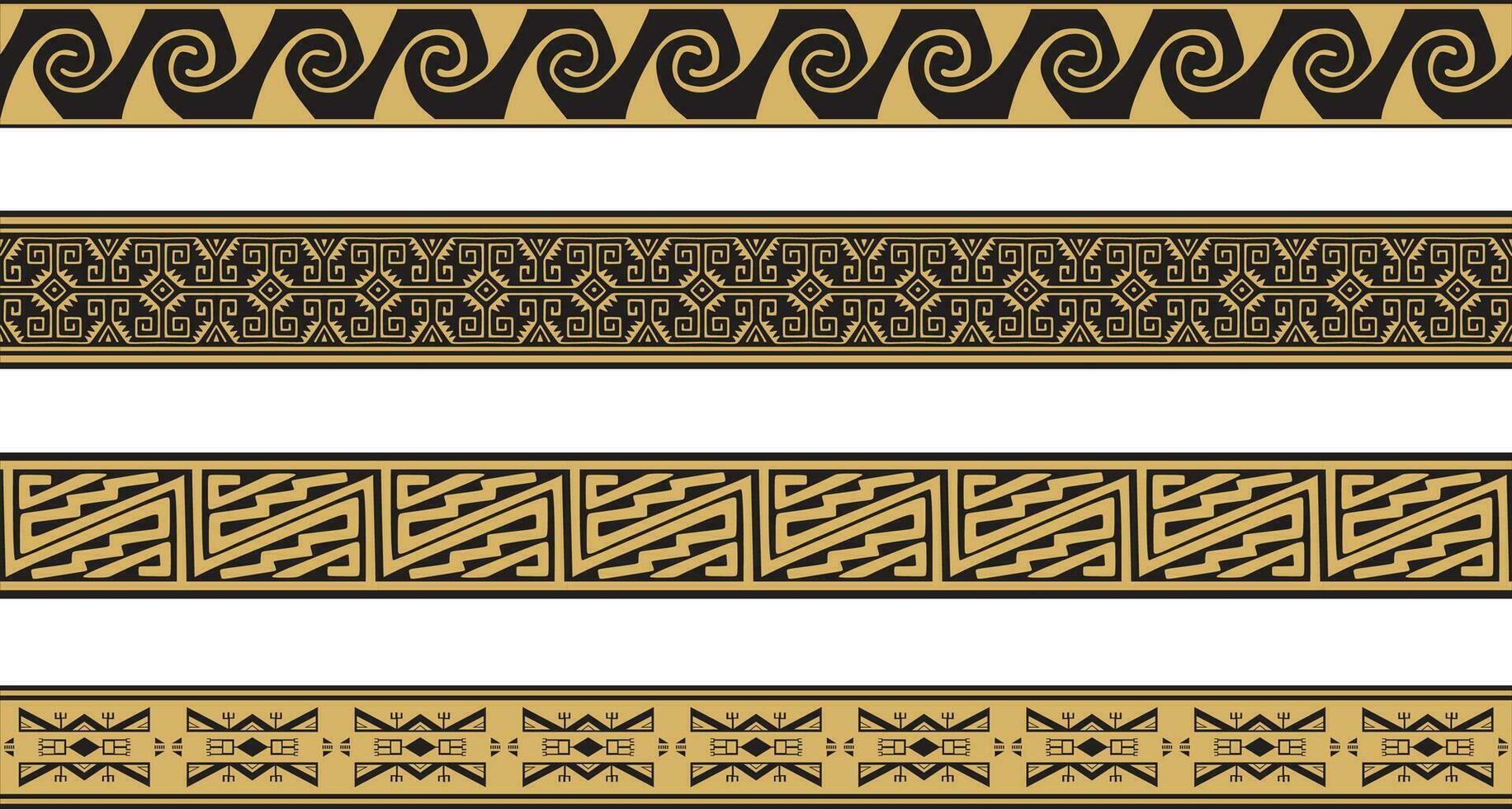 vector reeks van goud en zwart inheems Amerikaans sier- naadloos grenzen. kader van de volkeren van Amerika, Azteken, Maya, inca's