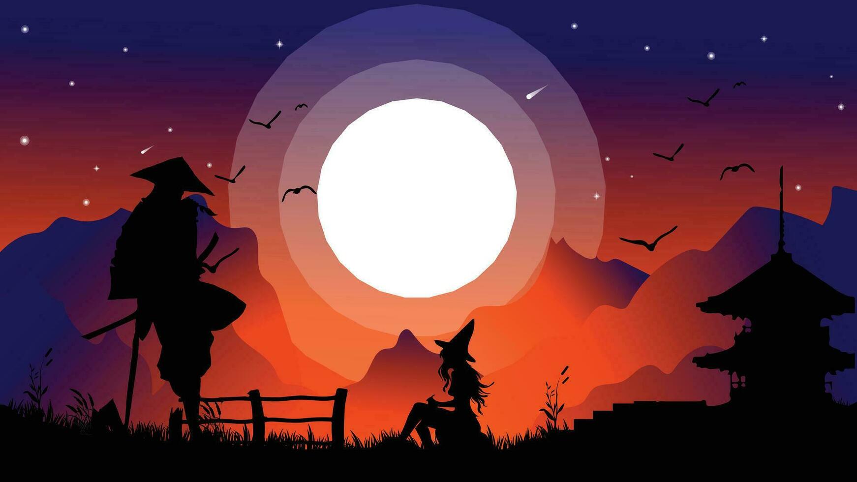 samurai en heks behang 4k bureaublad. samurai en heks achtergrond. zonsondergang uitstraling en vol maan. landschap visie illustratie vector achtergrond