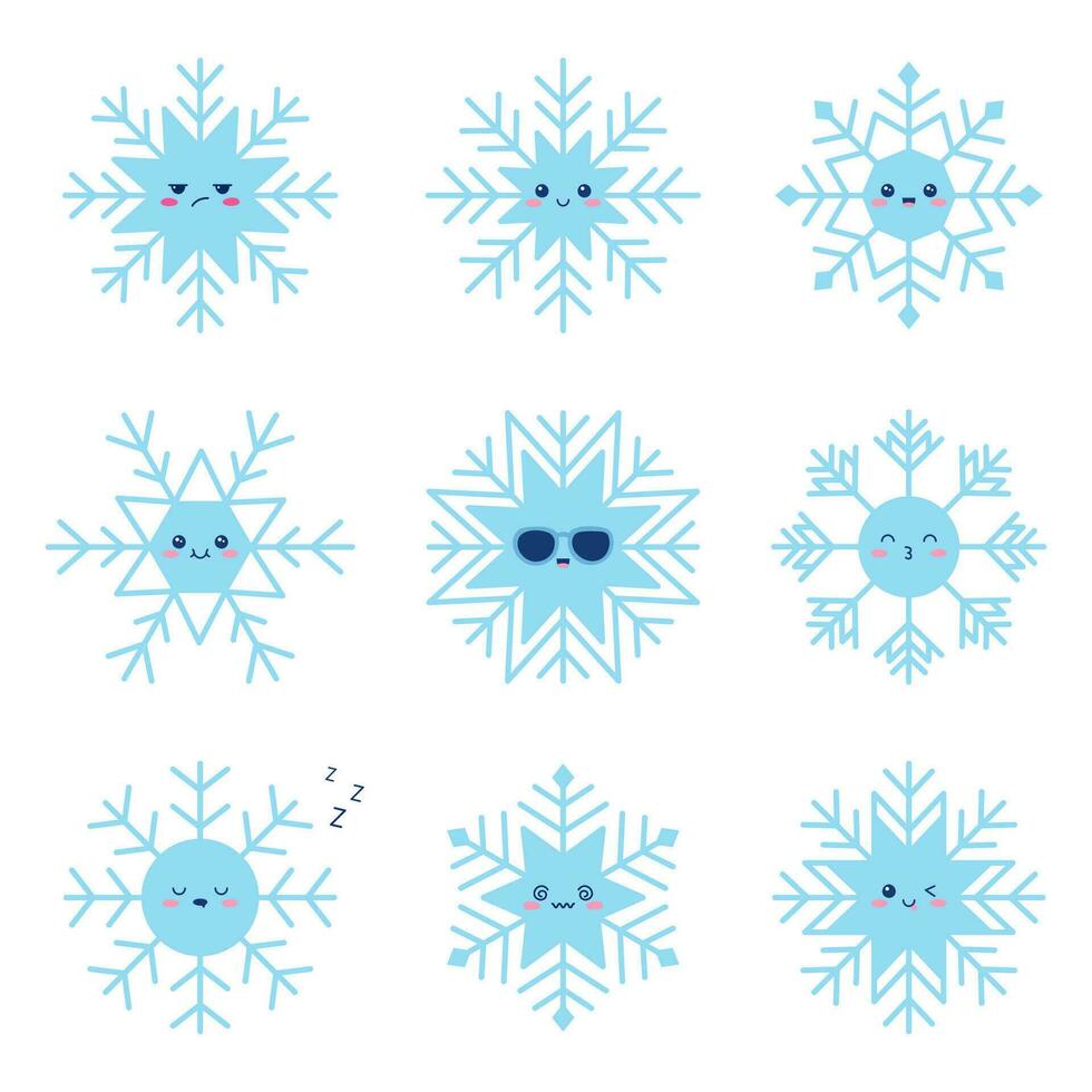 kawaii sneeuwvlok karakter reeks met grappig gezicht. winter tekenfilm vector illustratie