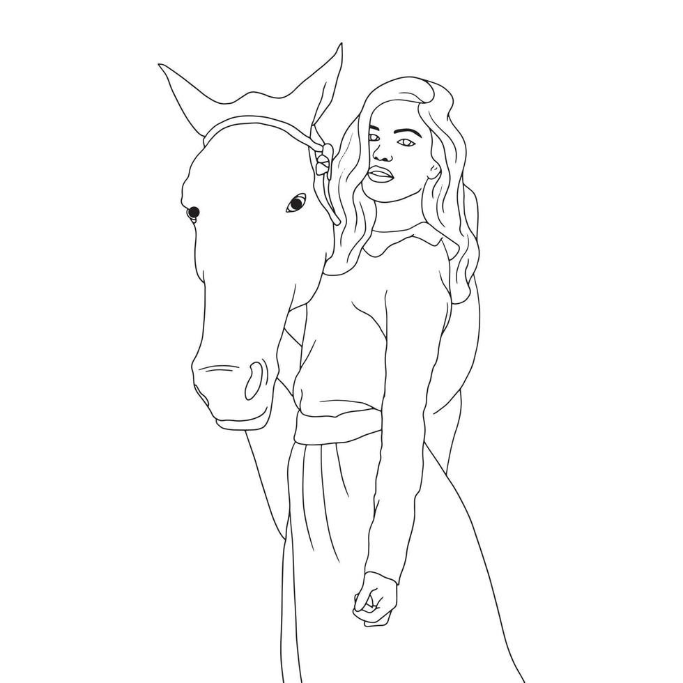 kleurplaten - meisje met het paard in staande houding, vector
