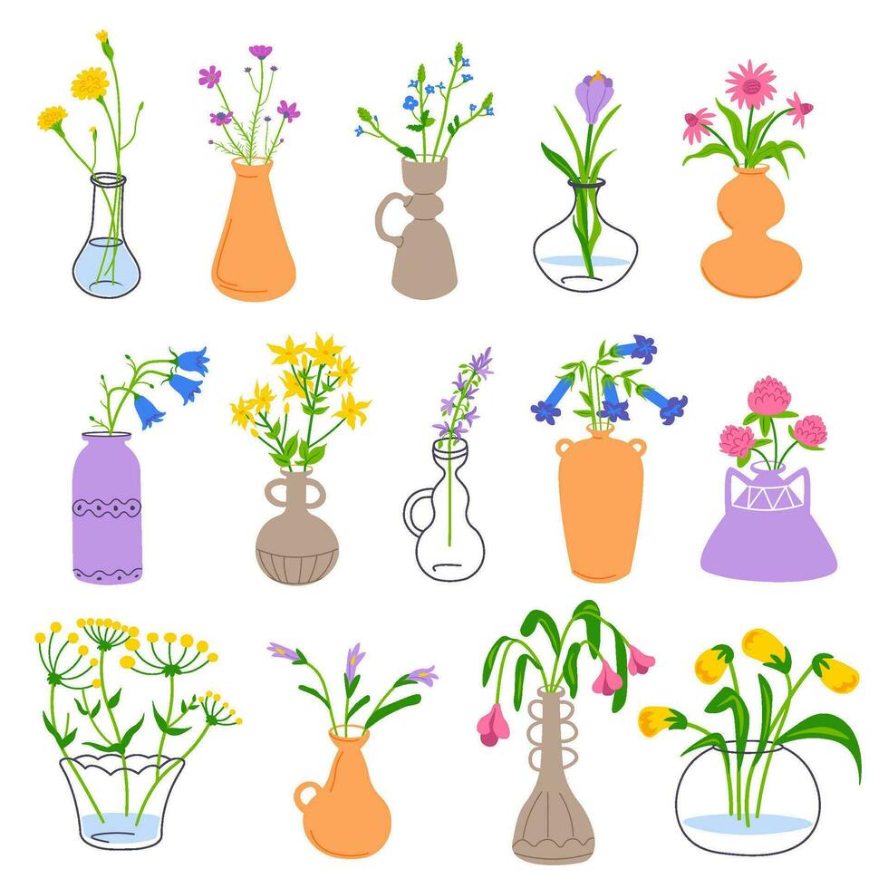 bloemen in vazen, boeketten voor huis decoratie vector