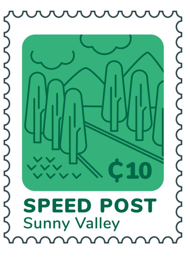 snelheid post met zonnig vallei landschap, poststempel vector